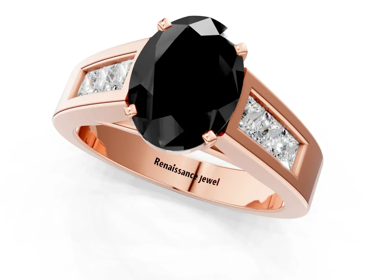 Fancy Black Oval Cut Cut Channel Set Solitaire Ring with Four-Prong Setting Rose gold