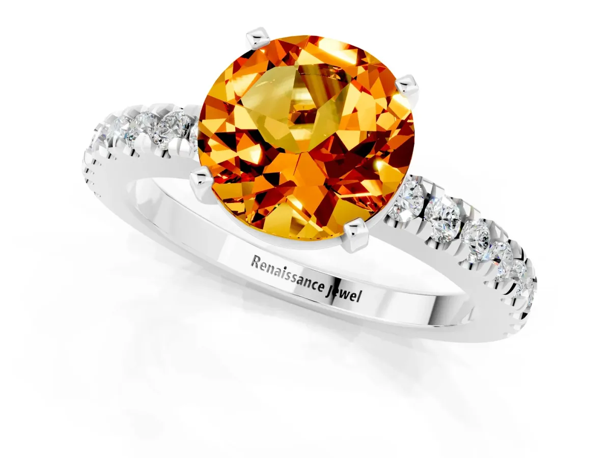 Round Cut Solitaire Citrine with Pavé Band and Four-Prong Setting Silver