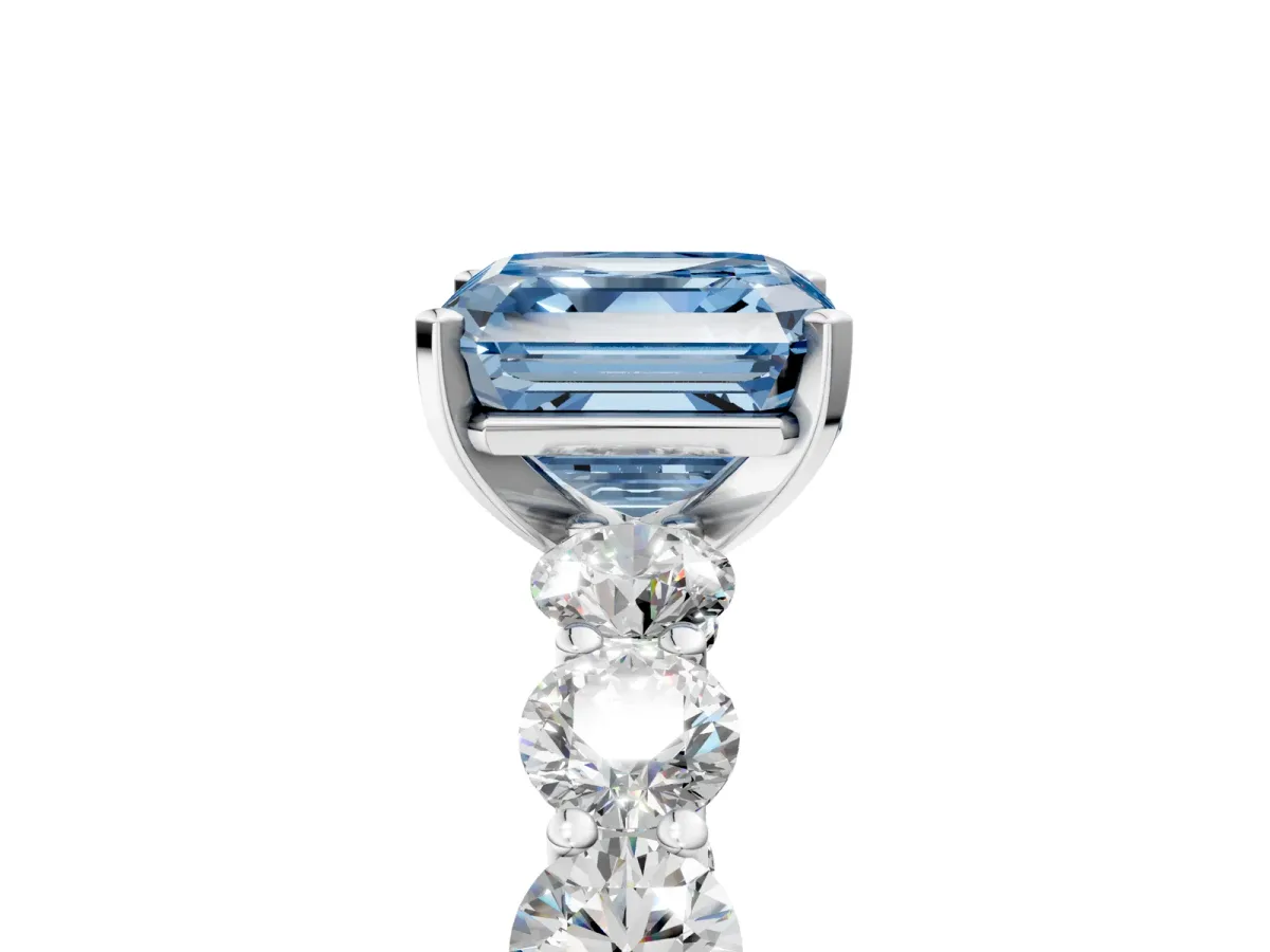 Fancy Blue Asscher Cut Diamond Prong Setting with Side Stones on a Pave Band Silver