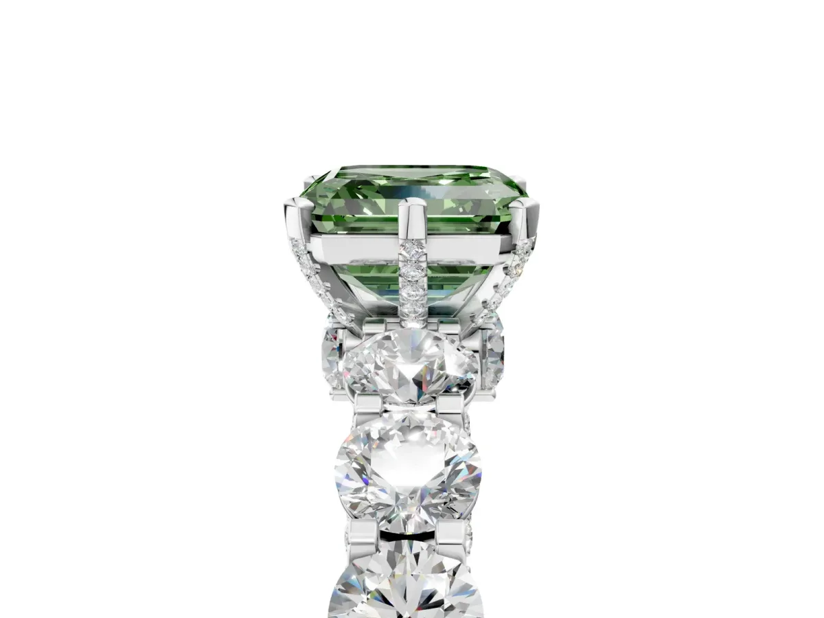 Fancy Green Asscher Cut Diamond Side Stone Engagement Ring with Four-Prong Setting White gold