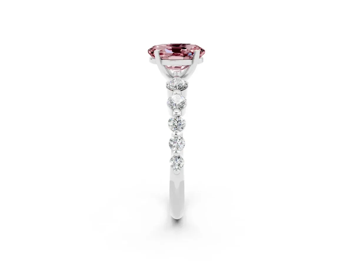 Oval Cut Solitaire Morganite Ring with Pave Band and Four-Prong Setting Silver