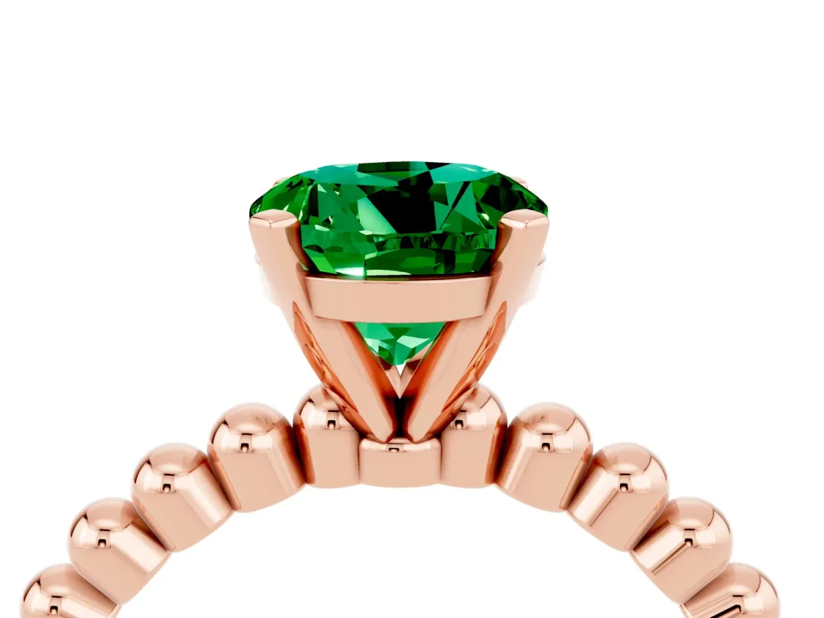 Round Cut Emerald Solitaire Ring with Beaded Band and Prong Setting Rose gold