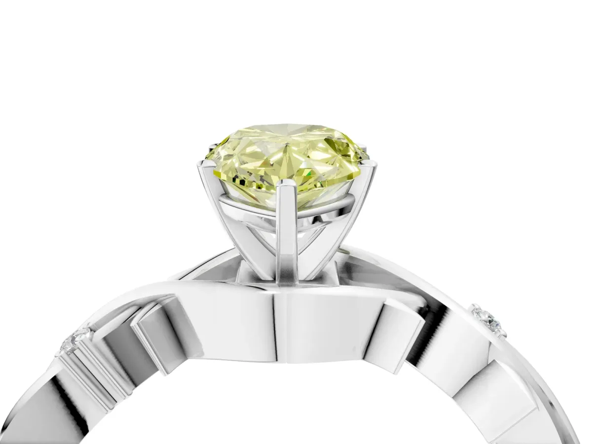 Fancy Yellow Pear Cut Diamond Solitaire Ring with Twisted Band and Prong Setting Platinum