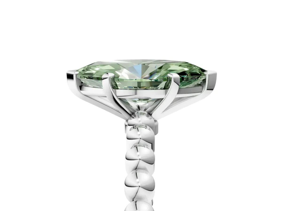 Fancy Green Marquise Cut Diamond Solitaire Ring with Beaded Band and Prong Setting Silver