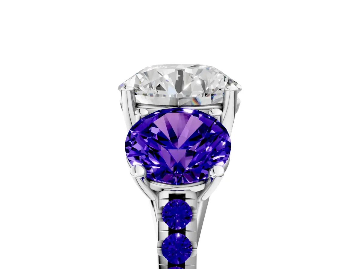 Three-Stone Round Cut Diamond Ring with Round Tanzanite Pavé Band and Prong Setting Silver