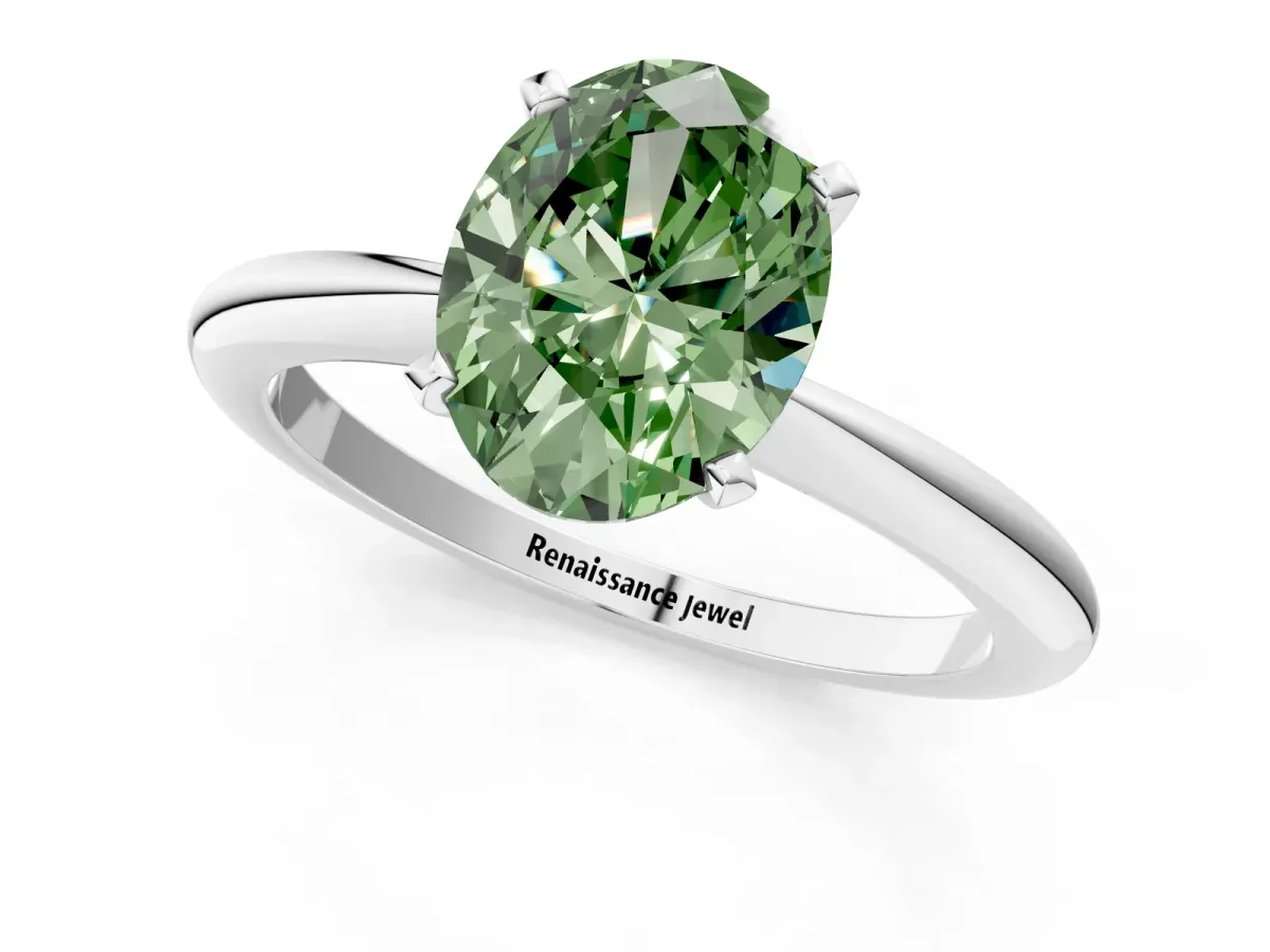 Fancy Green Oval Cut Diamond Solitaire Ring with Six-Prong Setting and Classic Band Silver