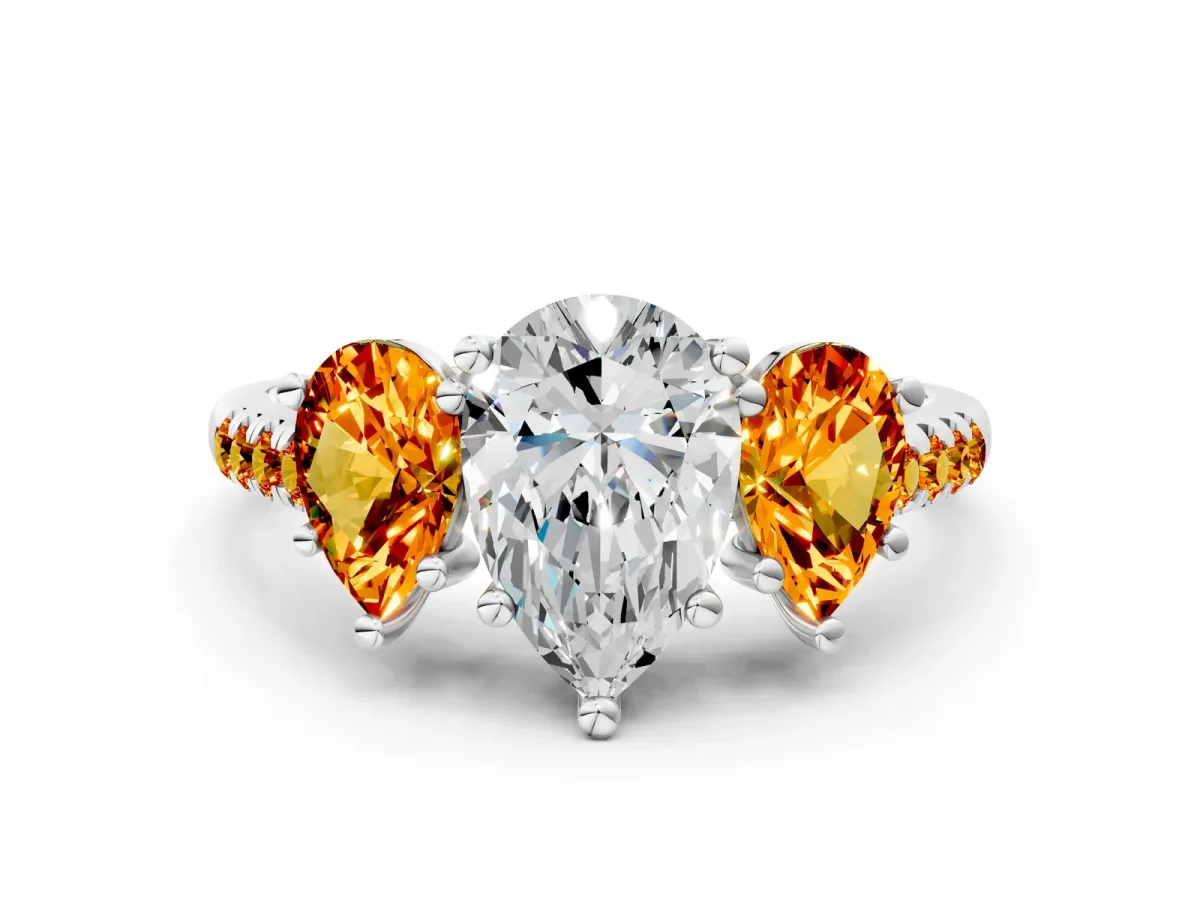 Three-Stone Pear Cut Diamond Ring with Round Citrine Pavé Band and Prong Setting Platinum