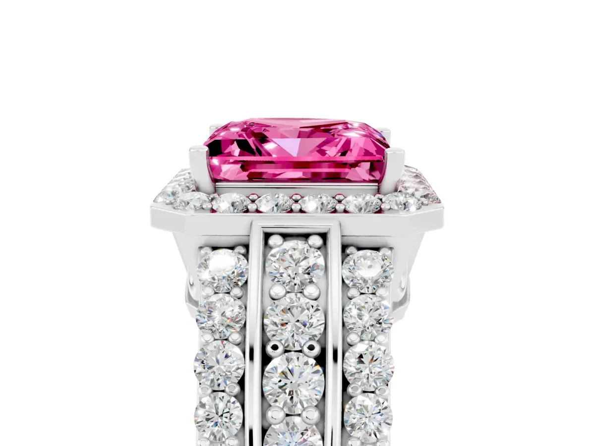 Princess Cut Halo Pink Sapphire Ring with Round Split Shank and Prong Setting Silver