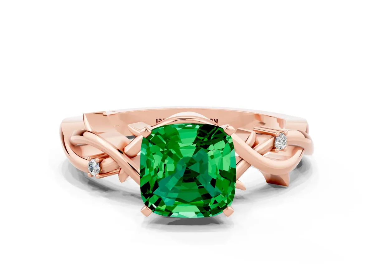 Cushion Cut Emerald Solitaire Ring with Twisted Band and Prong Setting Rose gold