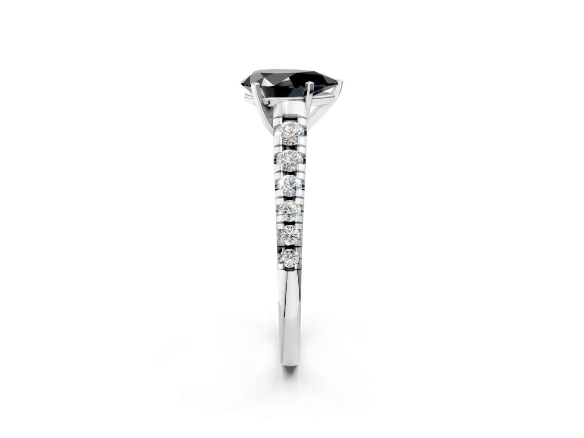 Fancy Black Pear Cut Diamond Cathedral Solitaire Ring with Round Pavé Band Silver