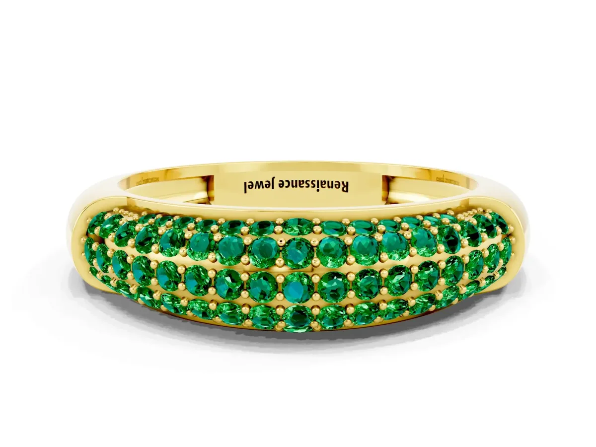 Three-Row Pavé Round Emerald Dome Band Yellow gold