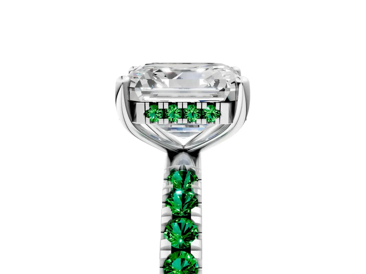 Asscher Cut Diamond Pave Band Solitaire Ring with Round Emerald and Prong Setting Platinum