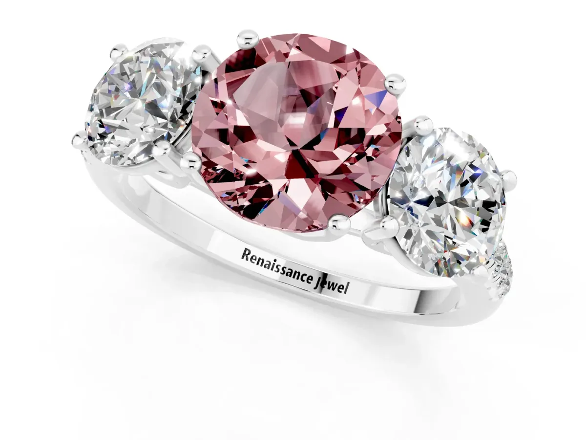 Three-Stone Round Cut Morganite Ring with Round Pavé Band and Prong Setting Silver