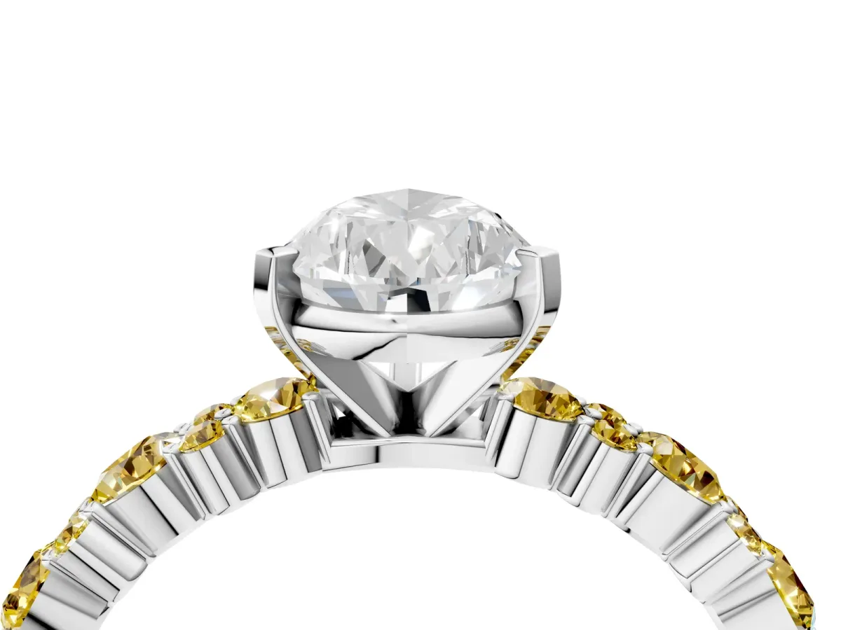 Pear Cut Diamond Side Stone Solitaire Ring with Round Yellow Sapphire and Four-Prong Setting Silver
