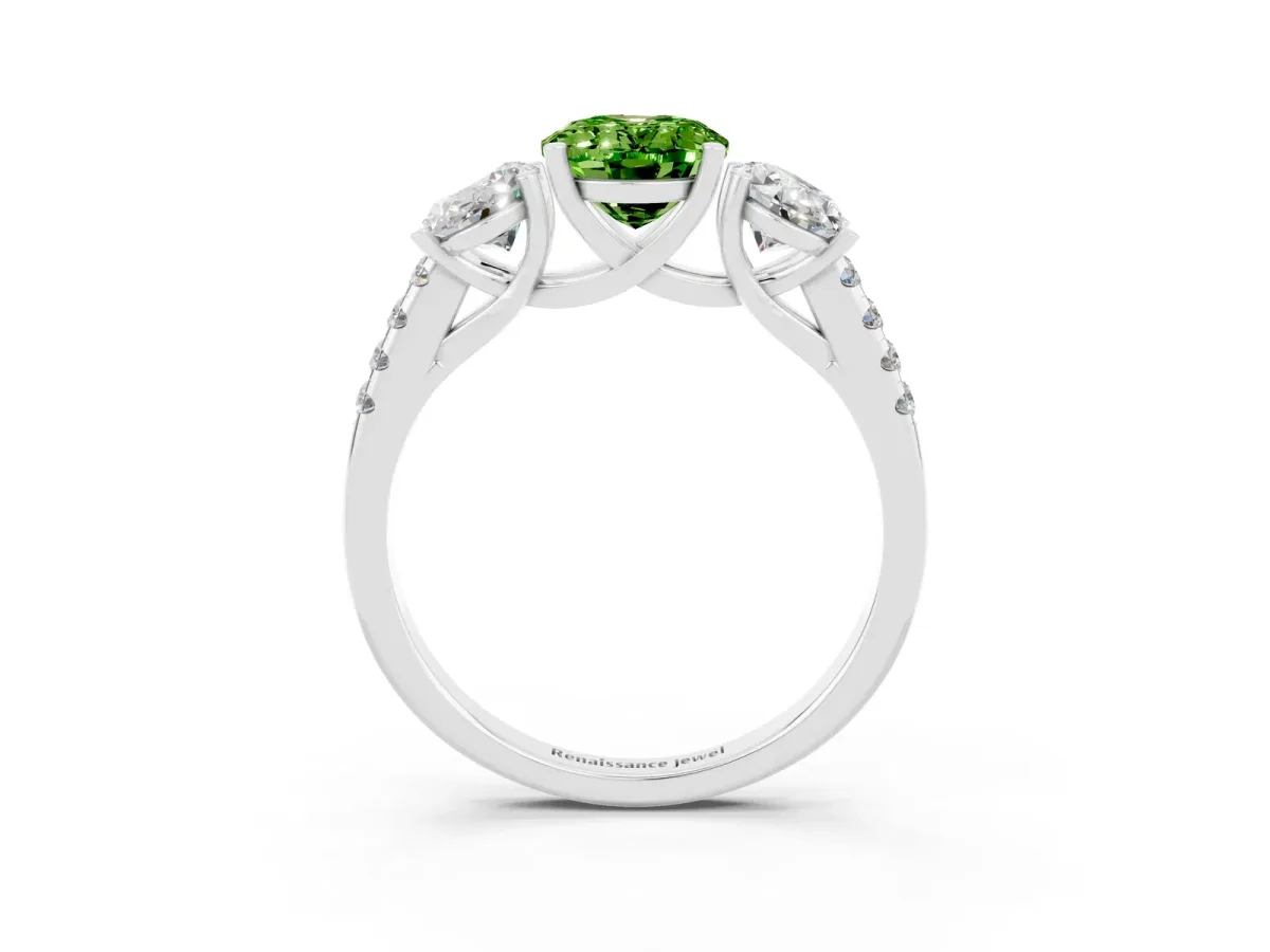 Three-Stone Oval Cut Peridot Ring with Round Pavé Band and Prong Setting Silver