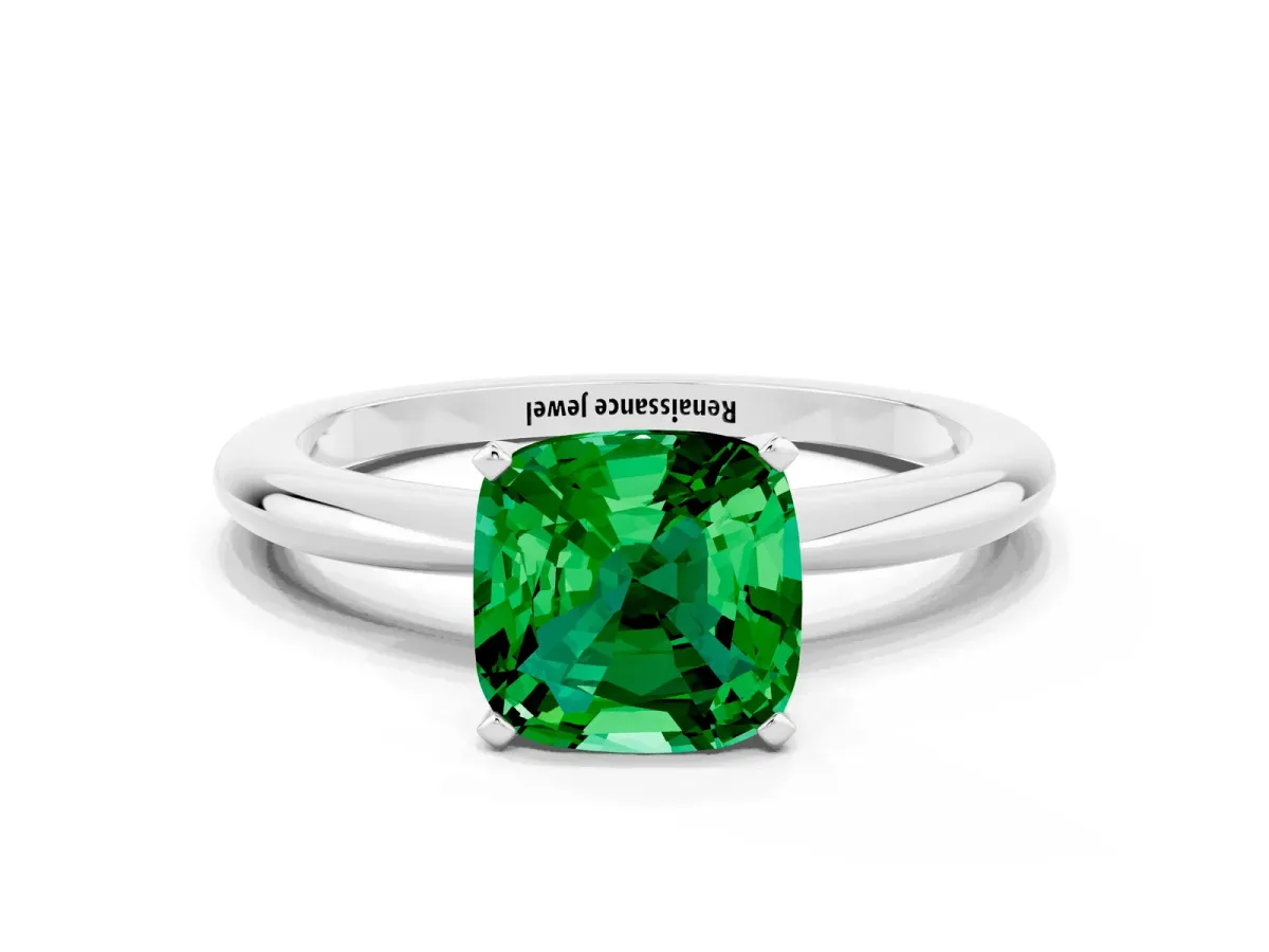 Cushion Cut Emerald Solitaire Ring with Six-Prong Setting and Classic Band Silver