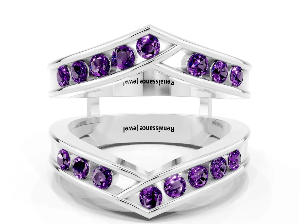 Round Amethyst Channel-Set Chevron Band Silver
