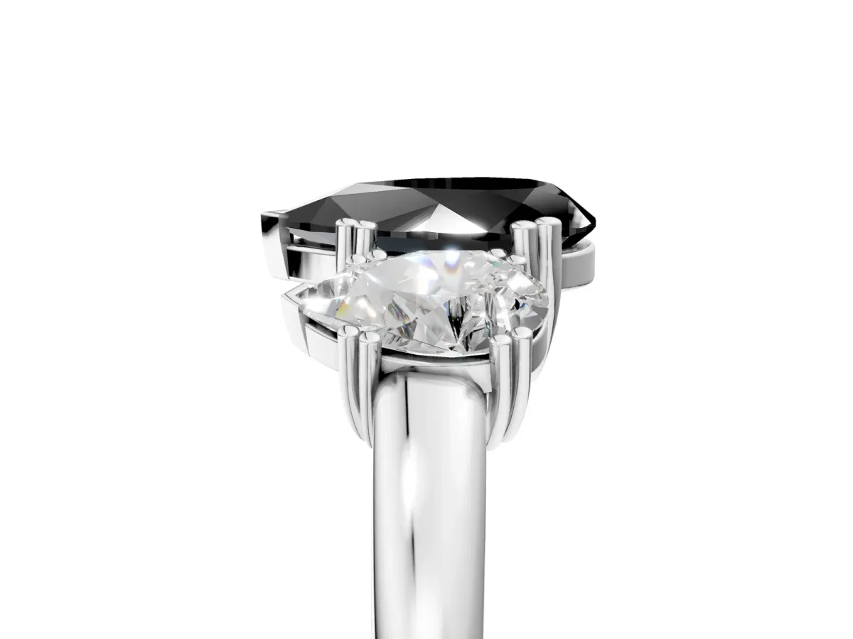 Fancy Black Three-Stone Pear Cut Cut Diamond Ring with Channel Set Band and Four-Prong Setting Silver