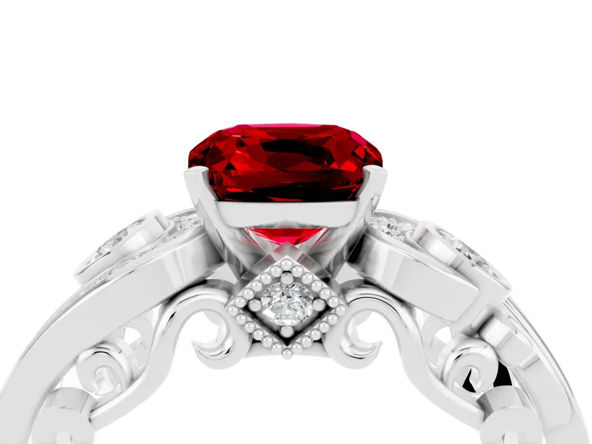 Cushion Cut Ruby Solitaire Ring with Milgrain Pavé Band and Four-Prong Setting Silver