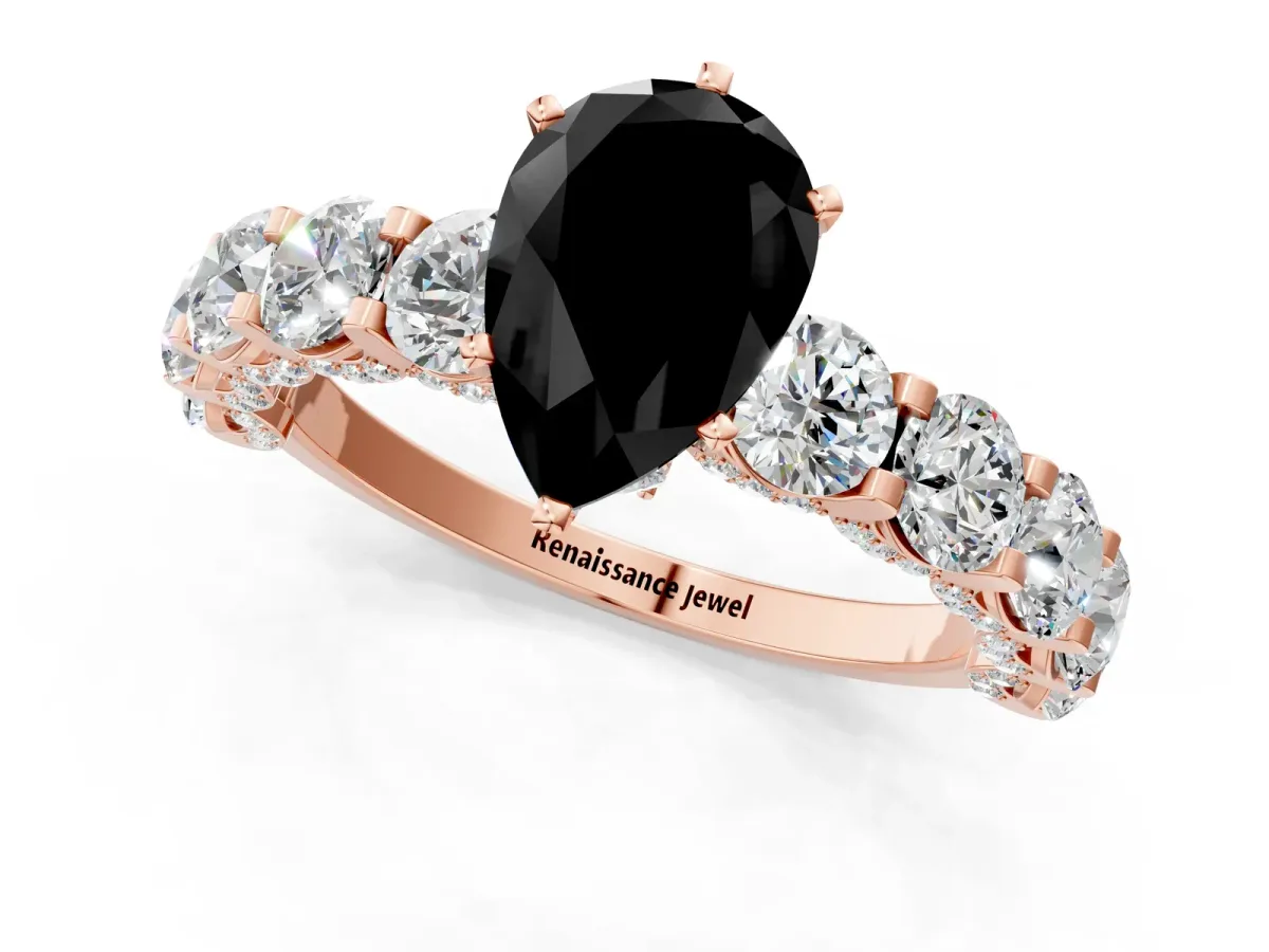 Fancy Black Pear Cut Diamond Side Stone Engagement Ring with Four-Prong Setting Rose gold