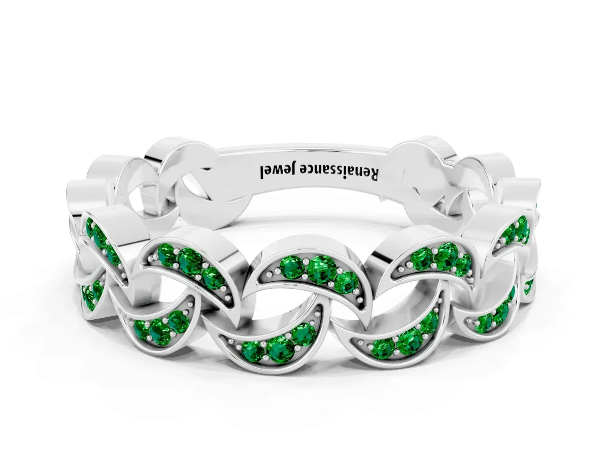 Pavé Round Emerald Interlocking Eternity Band with Bezel Prong Setting Platinum