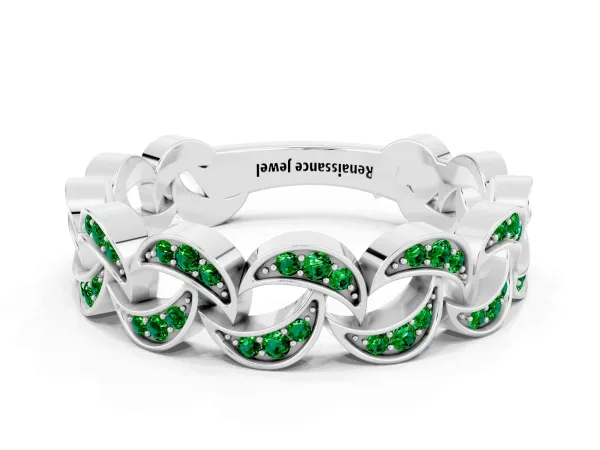 Pavé Round Emerald Interlocking Eternity Band with Bezel Prong Setting Platinum