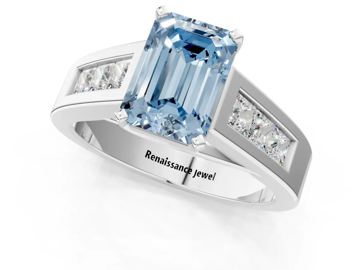 Fancy Blue Emerald Cut Cut Channel Set Solitaire Ring with Four-Prong Setting Platinum