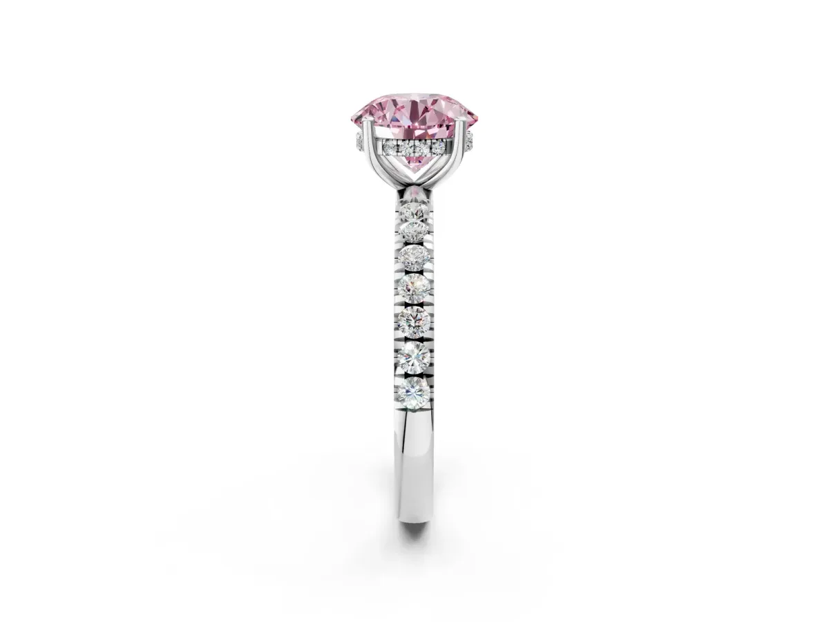 Fancy Pink Round Cut Diamond Pave Band Solitaire Ring with Round and Prong Setting Platinum