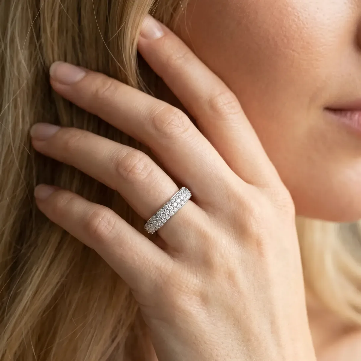 Three-Row Pave Round Diamond Eternity Band with Shared Prong Setting Silver