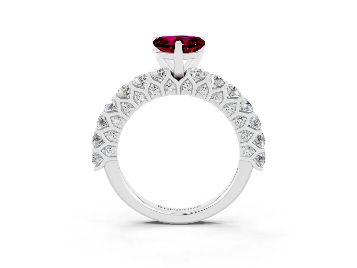 Heart Cut Garnet Solitaire Ring with Shared Prong Pavé Band and Four-Prong Setting Silver