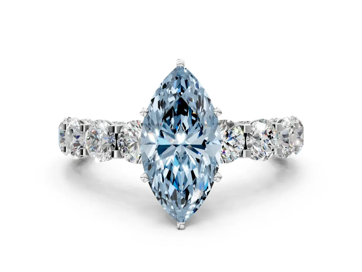 Fancy Blue Marquise Cut Diamond Side Stone Engagement Ring with Four-Prong Setting White gold
