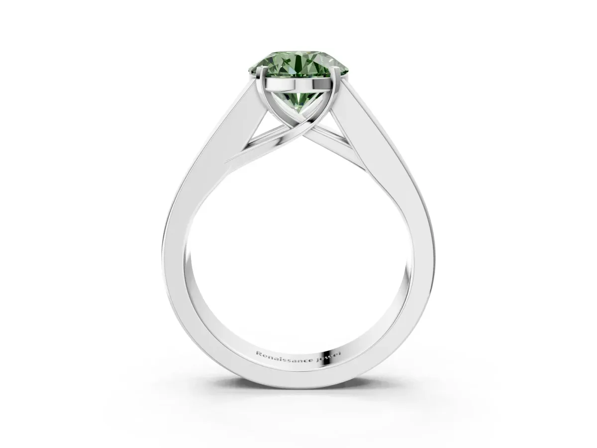 Fancy Green Round Cut Cut Channel Set Solitaire Ring with Four-Prong Setting Silver