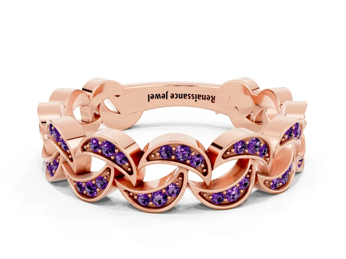 Pavé Round Amethyst Interlocking Eternity Band with Bezel Prong Setting Rose gold