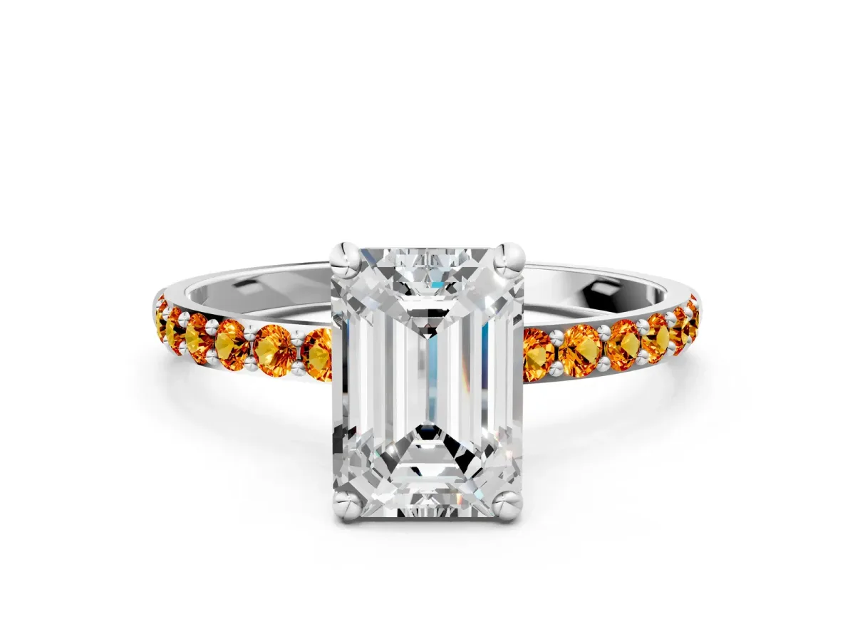 Emerald Cut Diamond Solitaire Ring with Round Citrine Pavé Band and Prong Setting Silver