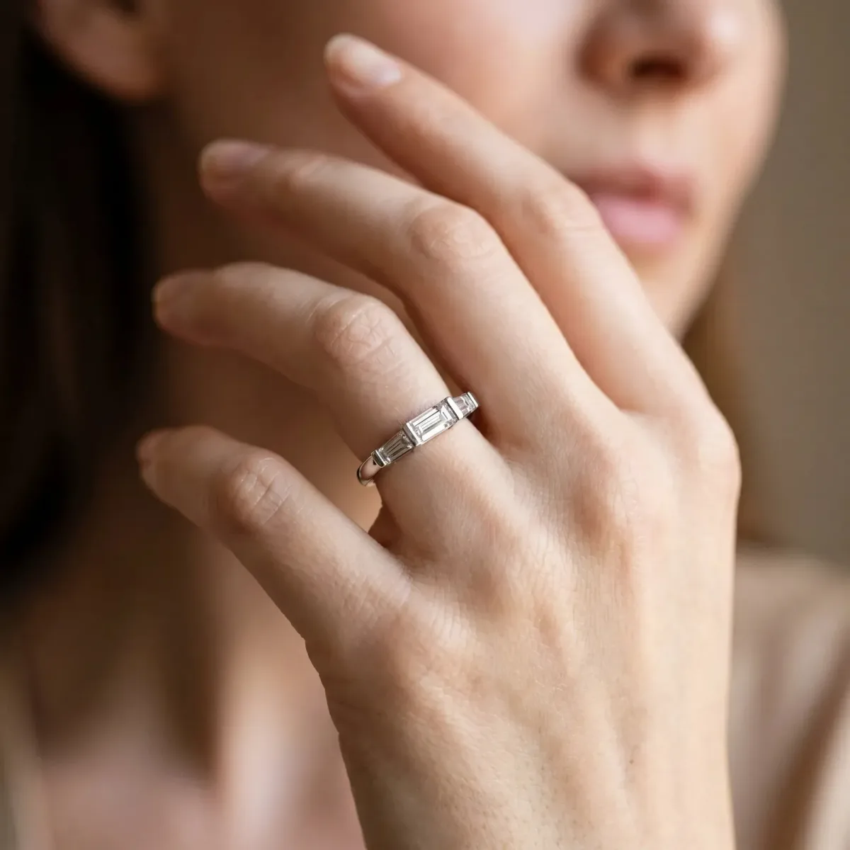 Three-Stone Baguette Cut Channel Set Diamond Band Silver