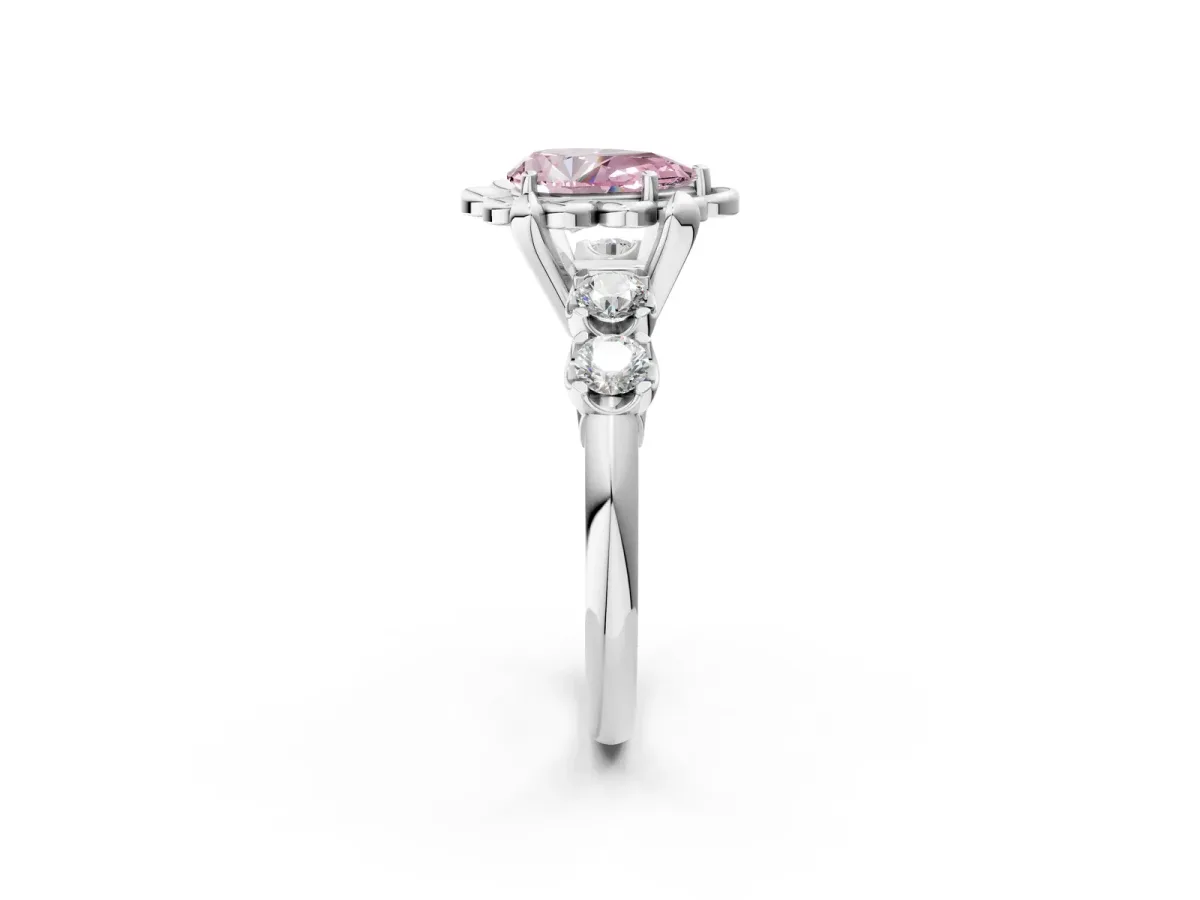 Fancy Pink Pear Cut Cut Diamond Floral Halo Engagement Ring with Shared Prong Setting Silver