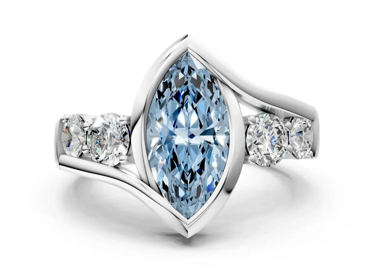 Fancy Blue Bezel Set Marquise Cut Diamond Bypass Ring with Round Accents Silver