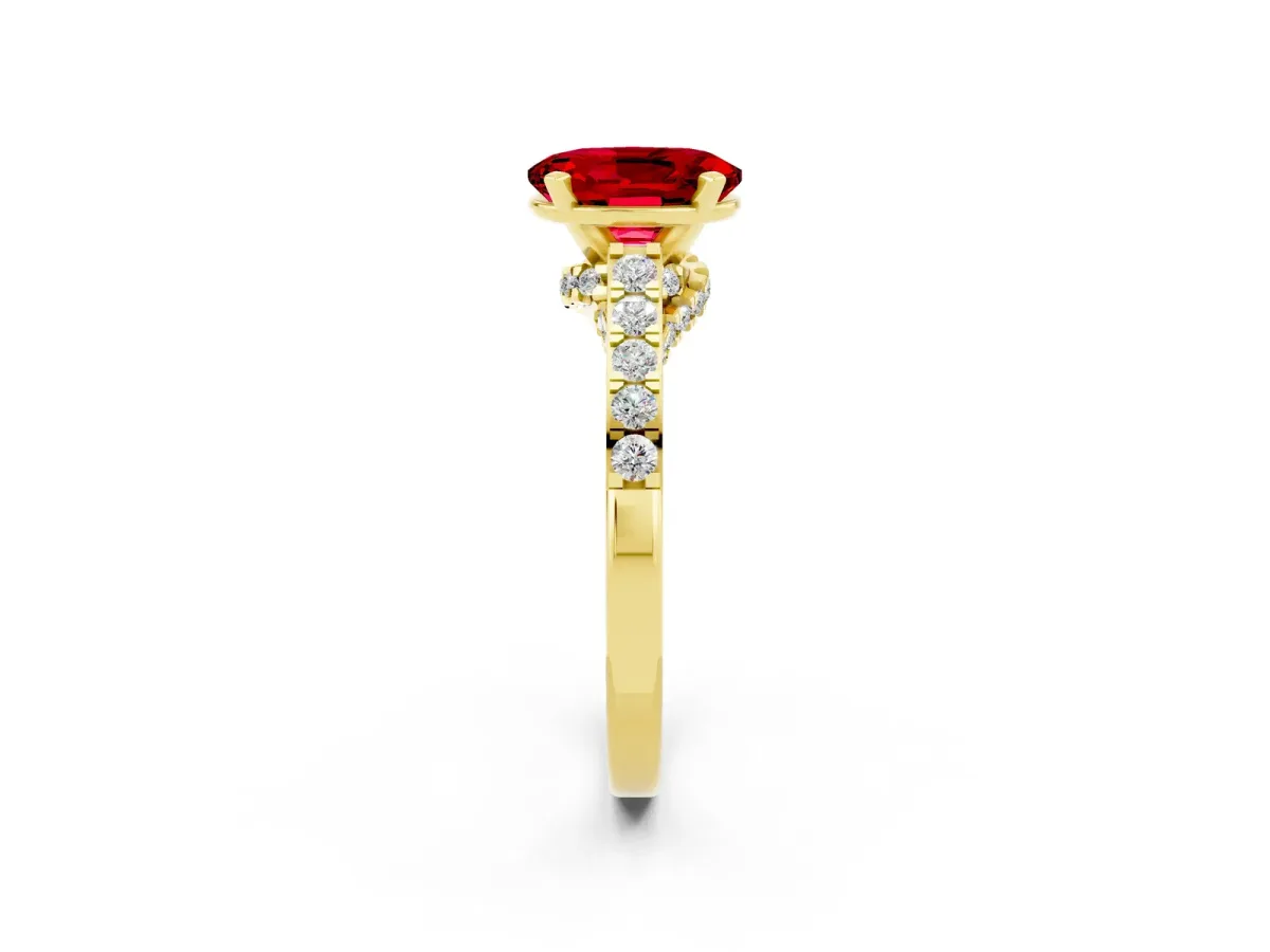 Oval Cut Ruby Solitaire Ring with Crossover Gallery and Round Pavé Band Yellow gold