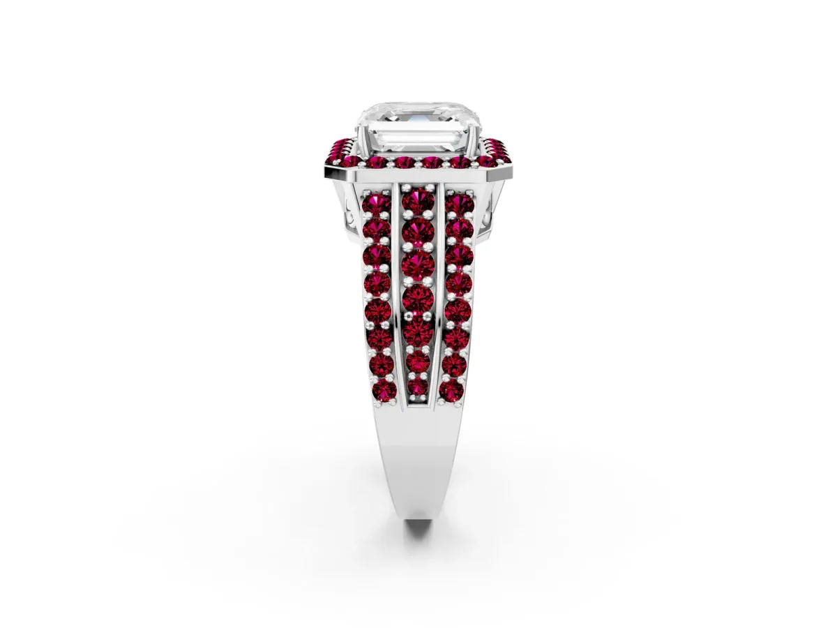 Asscher Cut Halo Diamond Ring with Round Garnet Split Shank and Prong Setting Platinum