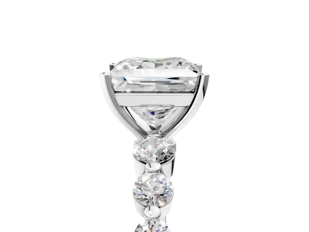Princess Cut Solitaire Diamond Ring with Pave Band and Four-Prong Setting Platinum