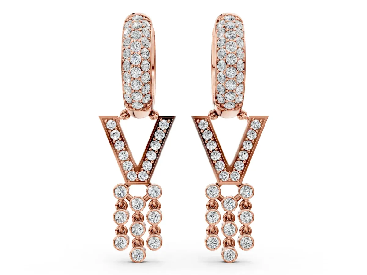 Round Diamond Initial V Huggie Hoop Earrings Rose gold