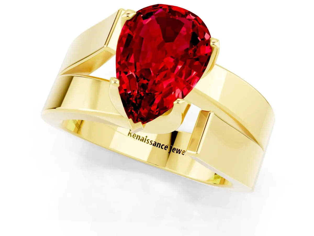 Modern Tension Set Pear Cut Ruby Solitaire Wide Band Ring Yellow gold