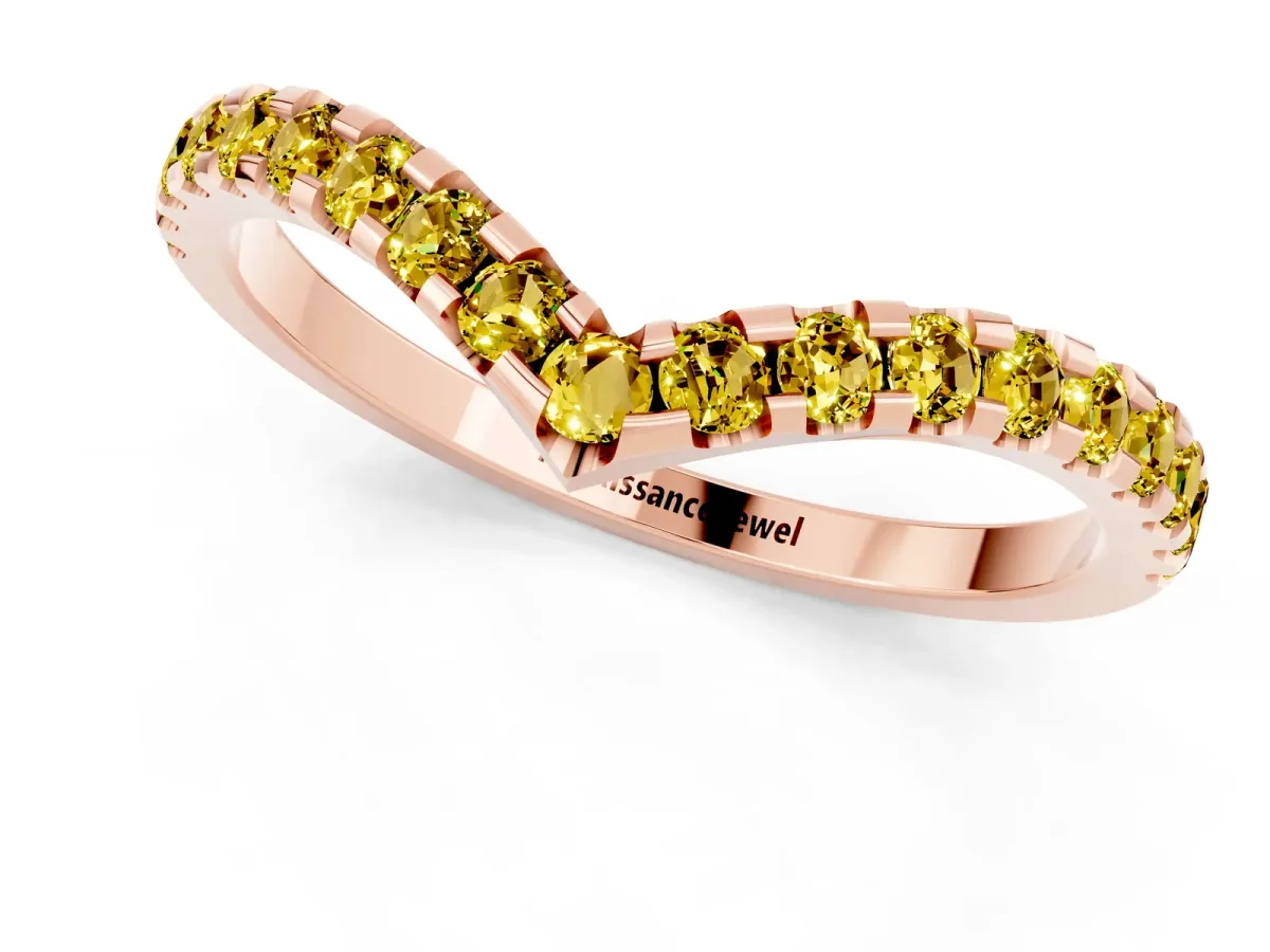 Pavé Round Yellow Sapphire Chevron Band with Shared Prong Setting Rose gold