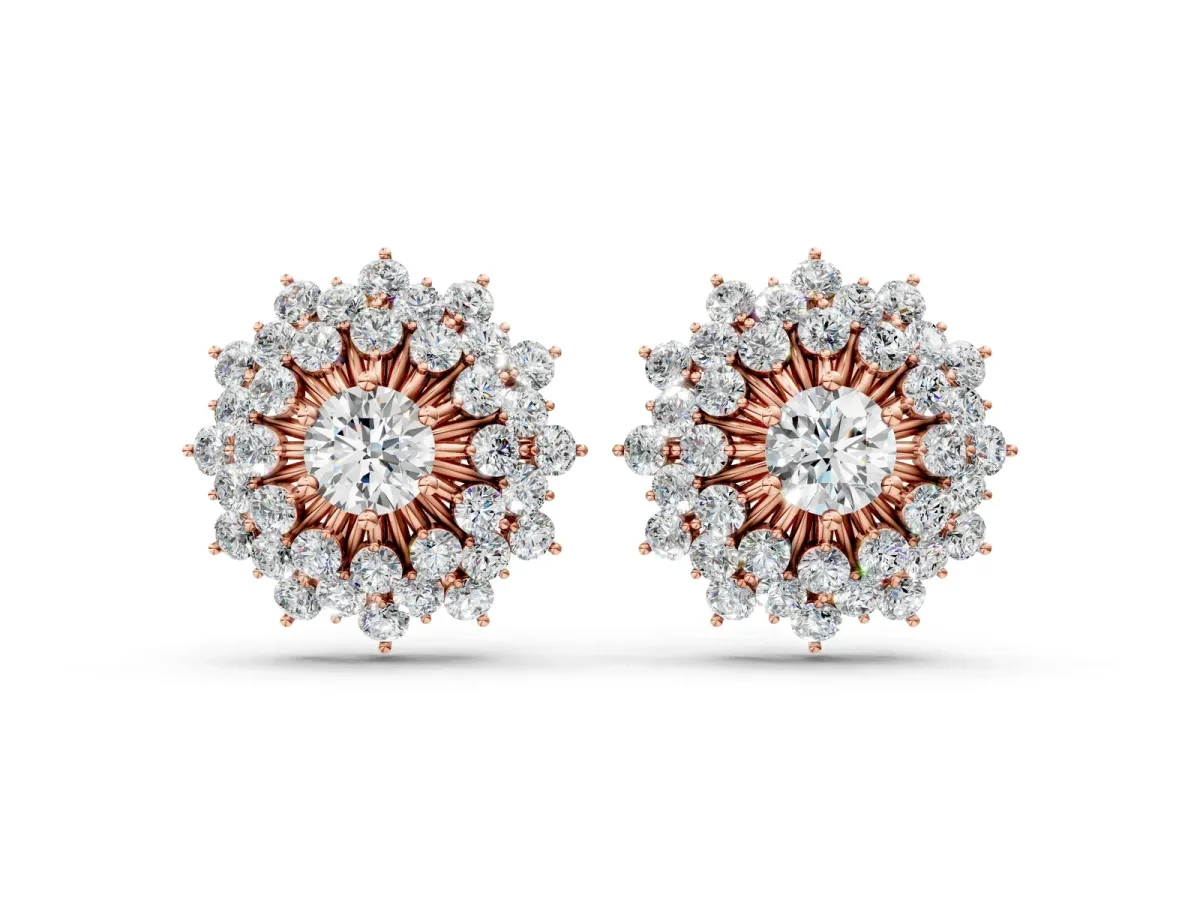 Round Diamond Sunburst Stud Earrings Rose gold