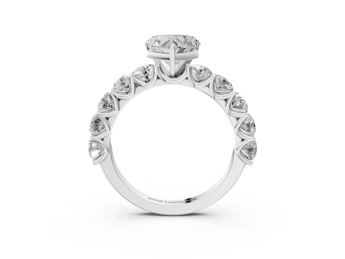 Heart Cut Diamond Prong Setting with Side Stones on a Pave Band Silver