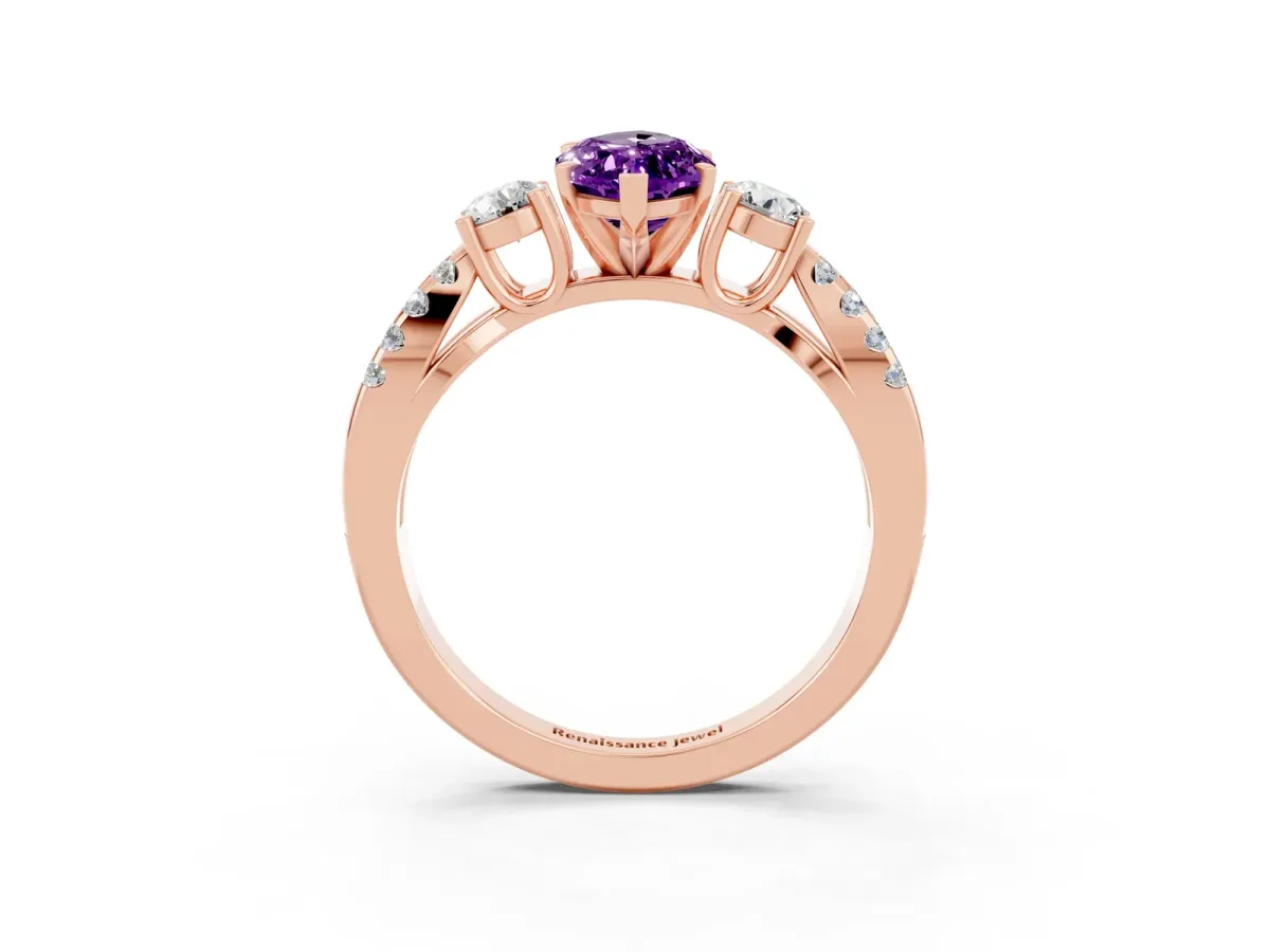 Marquise Cut Amethyst Three-Stone Ring with Pavé Split Shank and Four-Prong Setting Rose gold