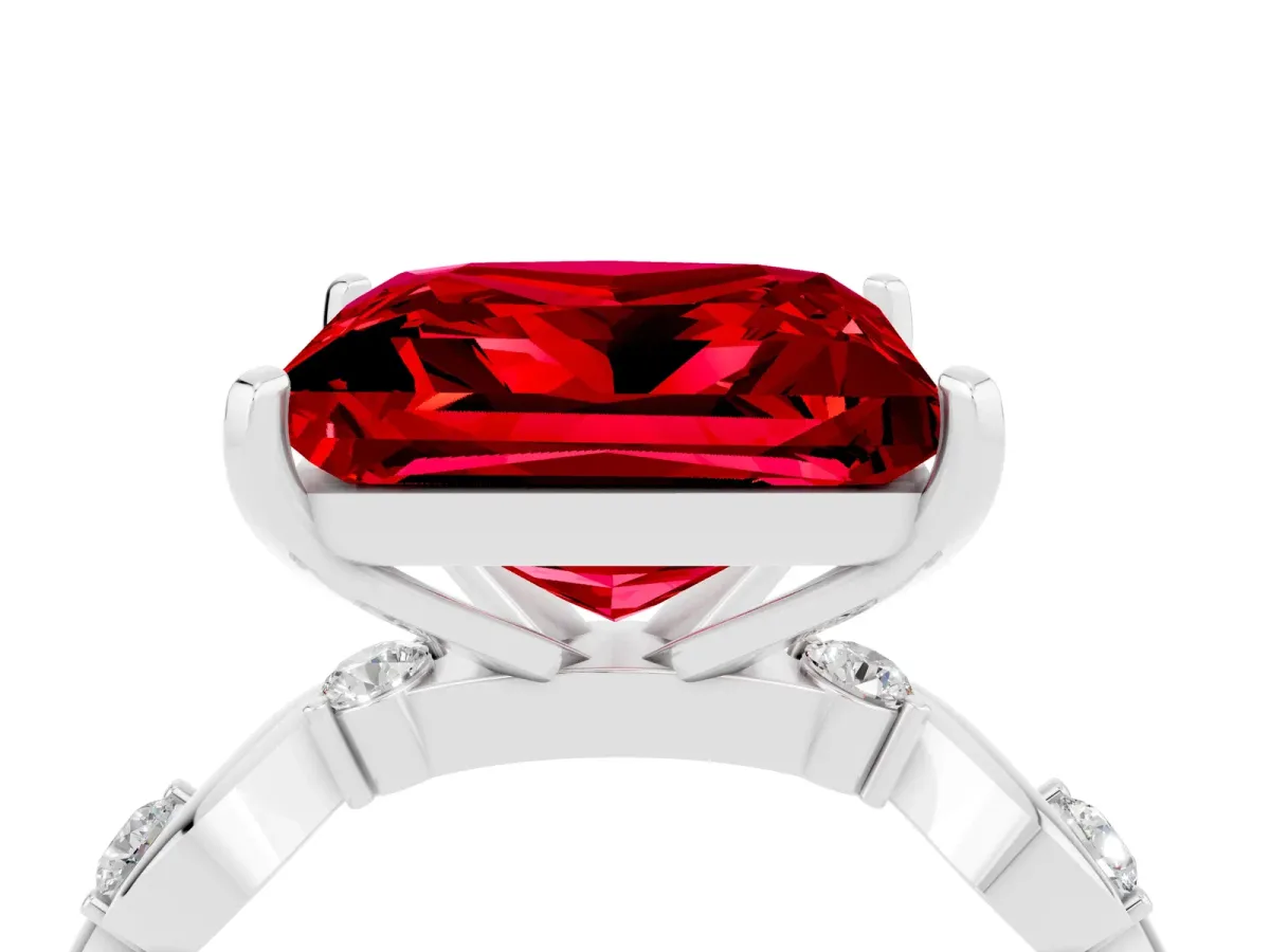 Princess Cut Ruby Solitaire Twisted Band with Round Accents and Prong Setting Silver