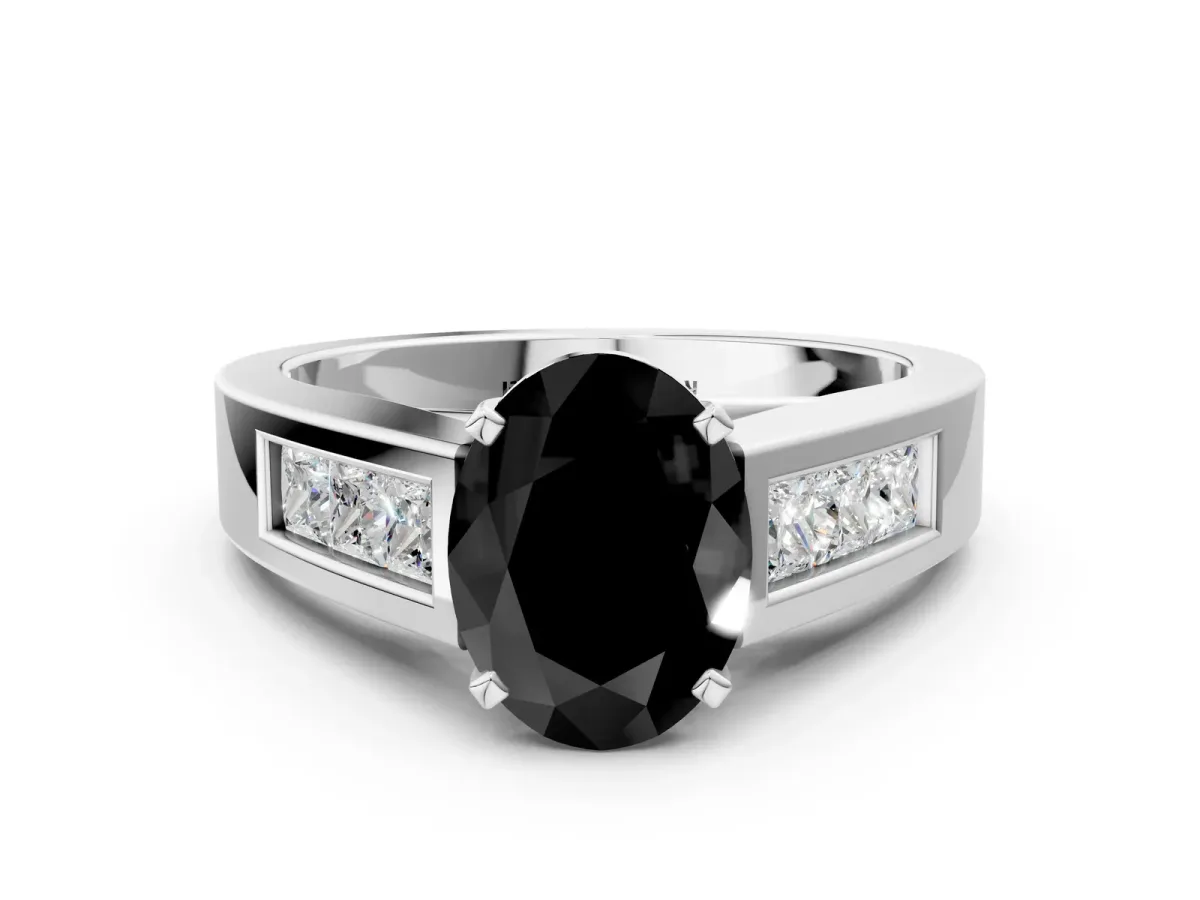 Fancy Black Oval Cut Cut Channel Set Solitaire Ring with Four-Prong Setting White gold
