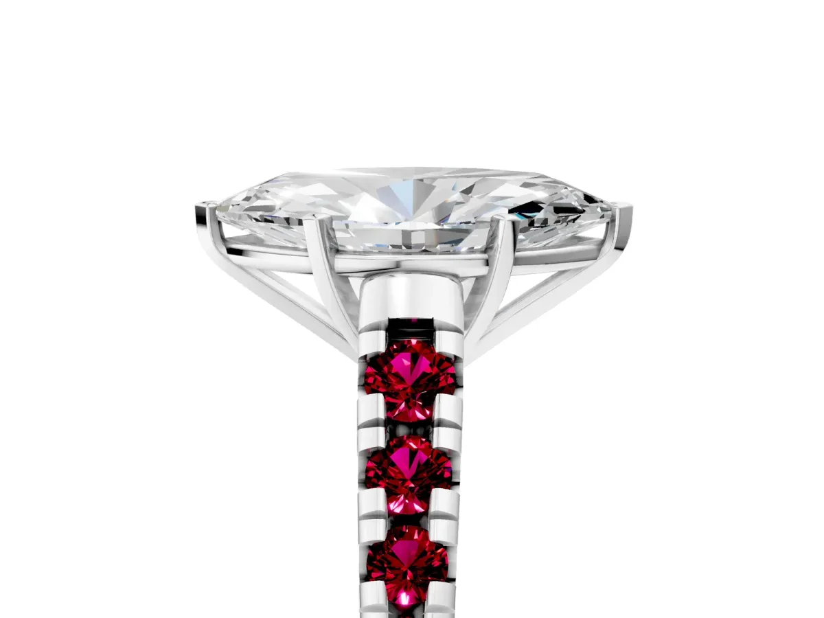 Marquise Cut Diamond Cathedral Solitaire Ring with Round Garnet Pavé Band Silver