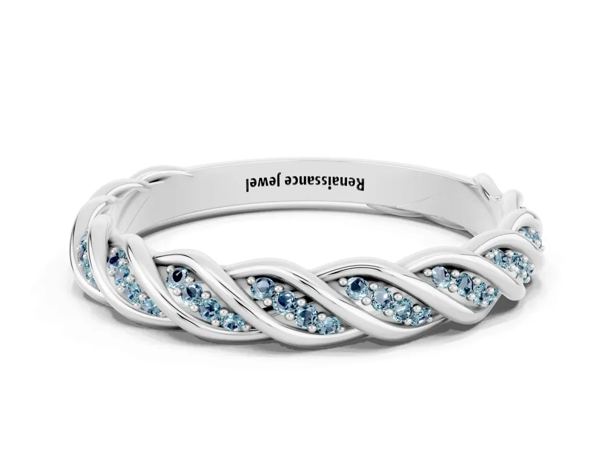 Twisted Pavé Round Aquamarine Eternity Band with Shared Prong Setting White gold
